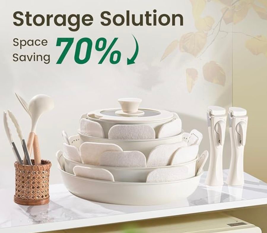 a stack of white dishes and utensils on a white shelf