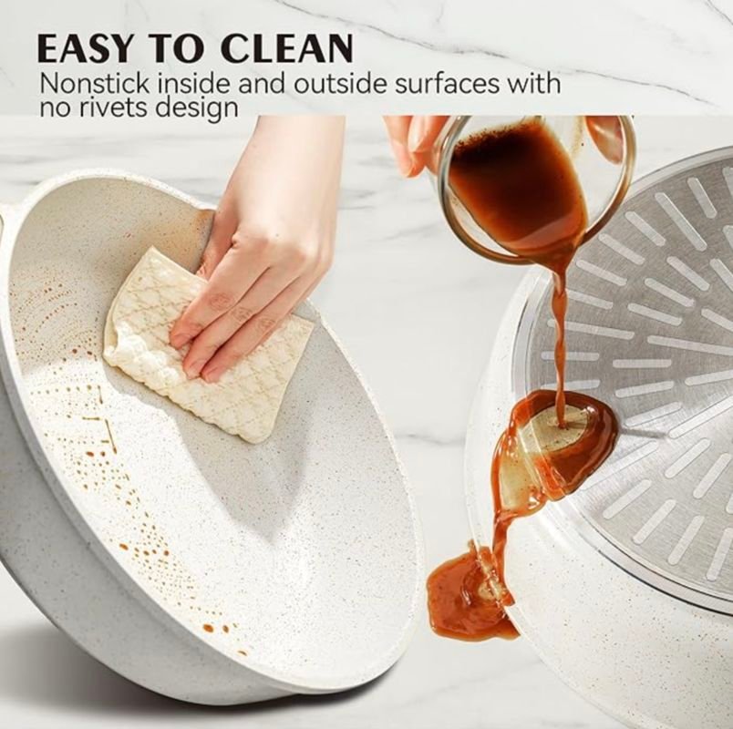 a person cleaning a pan with a sauce