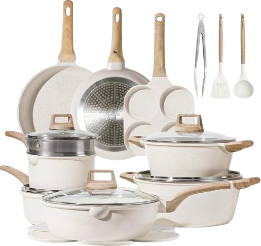 a group of white pots and pans